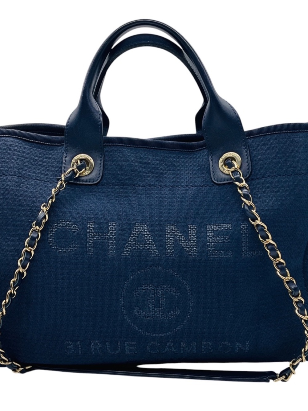 CHANEL NAVY BLUE CANVAS MEDIUM DEAUVILLE SHOPPER TOTE HANDBAG